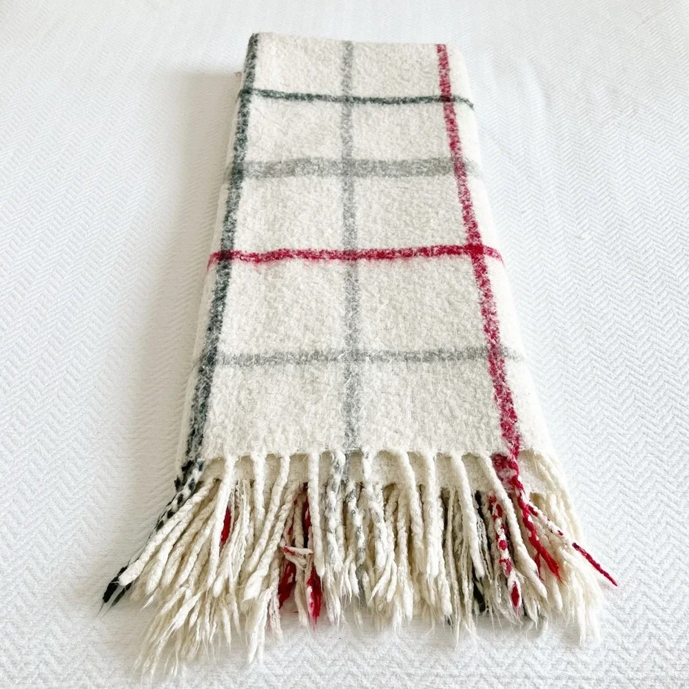 Pottery Barn Throw Blanket Cream Red Green Plaid